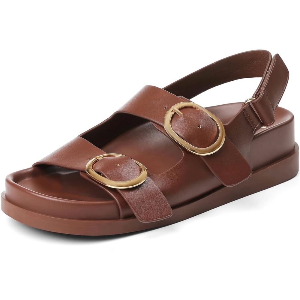 Brown Leather Sandals with Gold Buckles